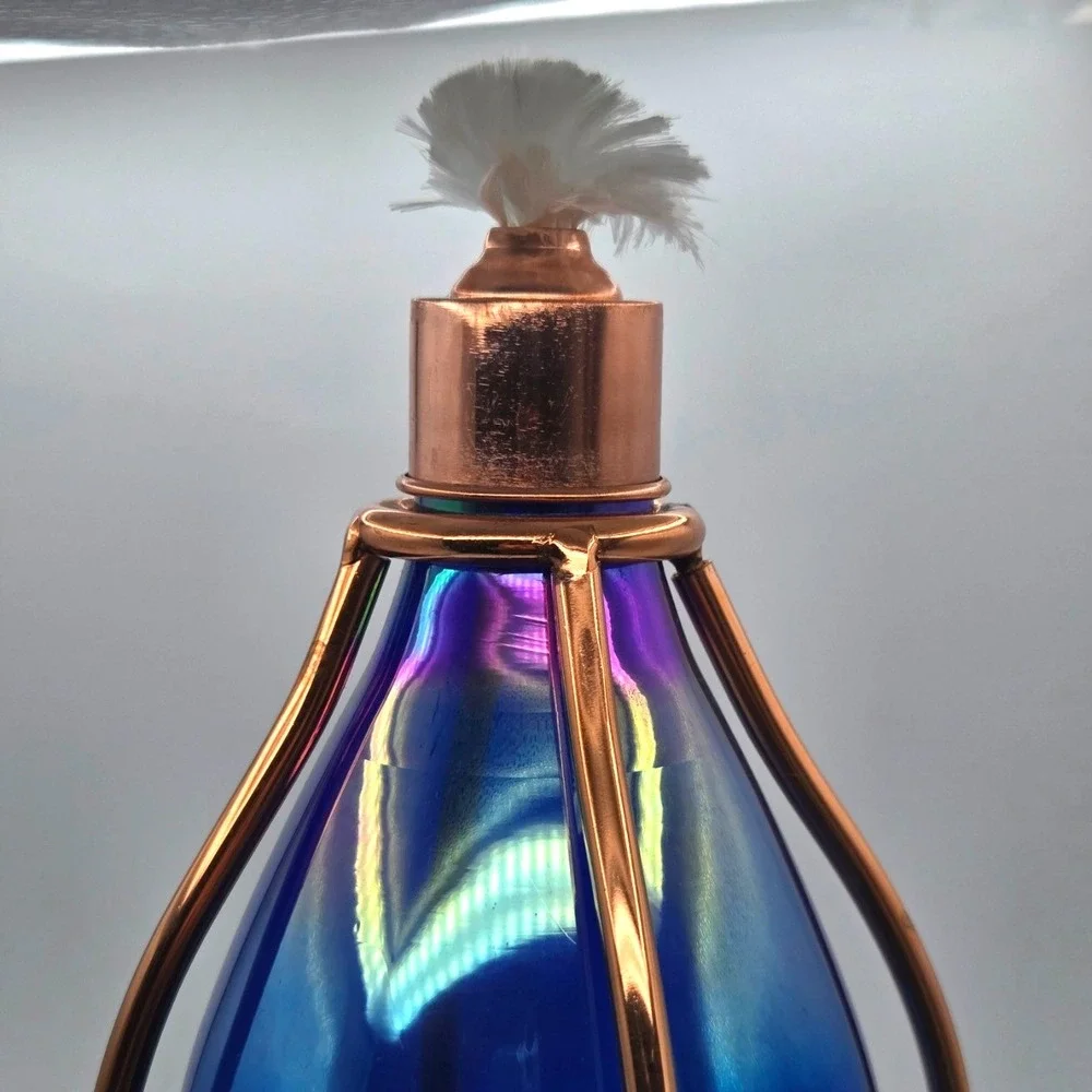 Hand Blown Blue Irridized Glass Oil Lamp on 18